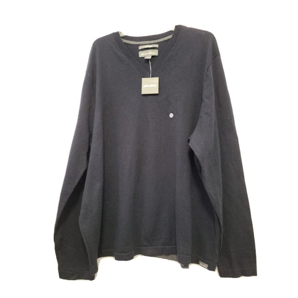 Eddie Bauer Men's V Neck Merino Wool Blend Sweater 2XL Navy NWT